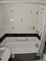 Une salle de bain avec une baignoire, une douche et un lavabo.