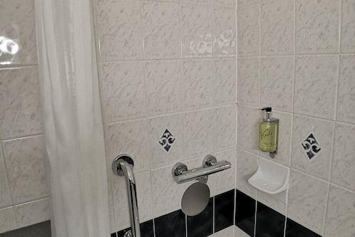 Combined shower/bathtub, free toiletries, hair dryer, towels