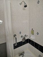 Ein Badezimmer mit Dusche, einer Haltestange, einem Seifenspender und einem kleinen Waschbecken.