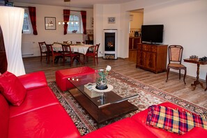 TV, fireplace, books