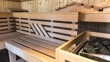 A sauna with wooden benches and a stone tray.