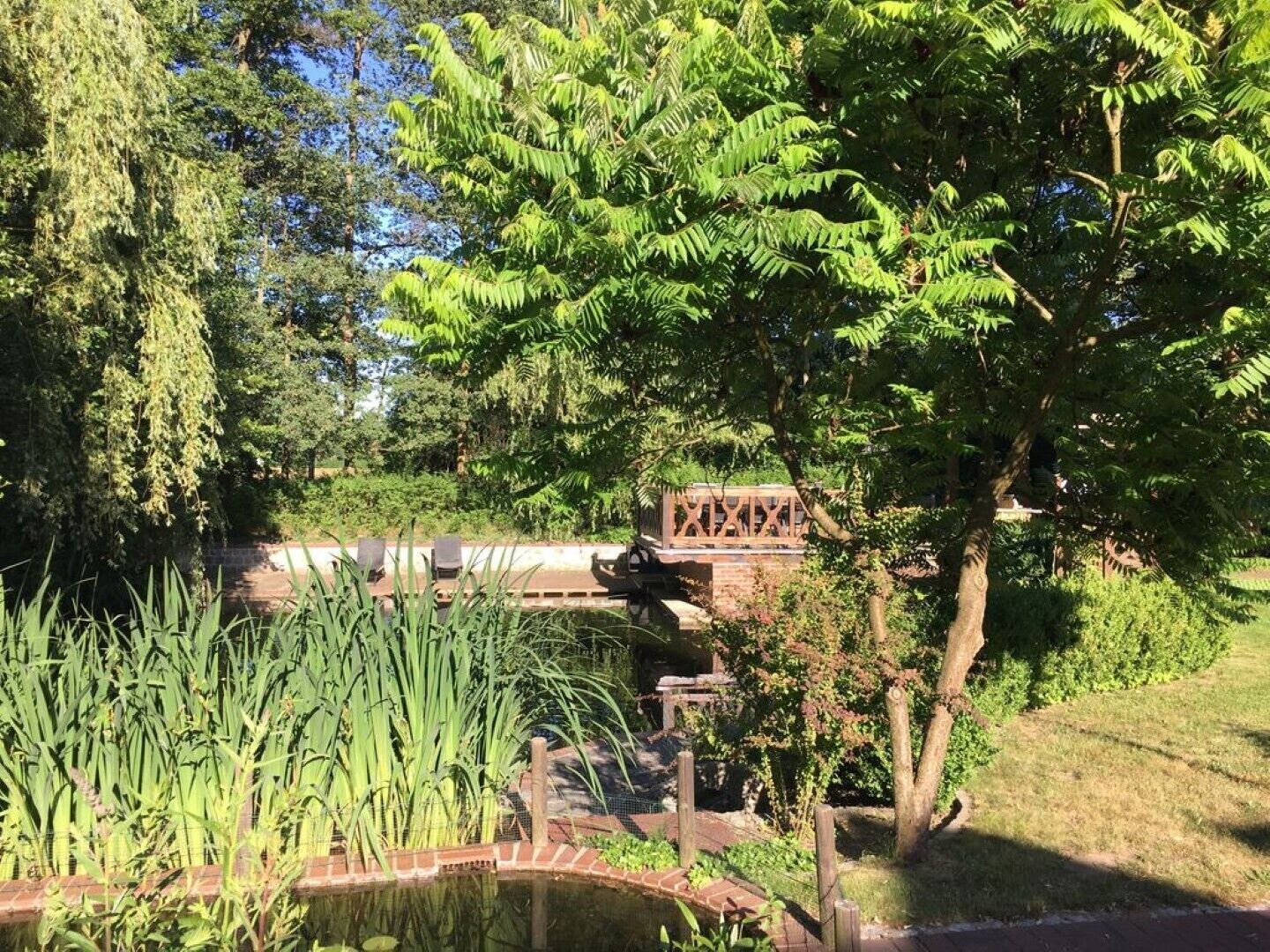Ein friedlicher Garten mit Teich, üppigem Grün und einer Holzbrücke.