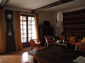 Televisión, chimenea, reproductor de DVD y libros