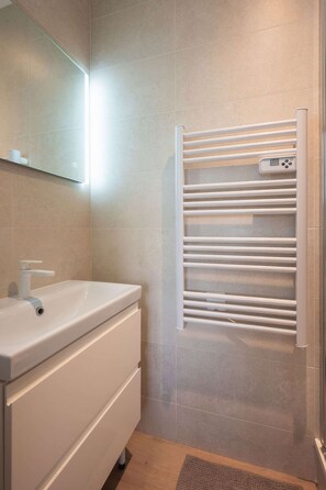 Shower, hair dryer, towels