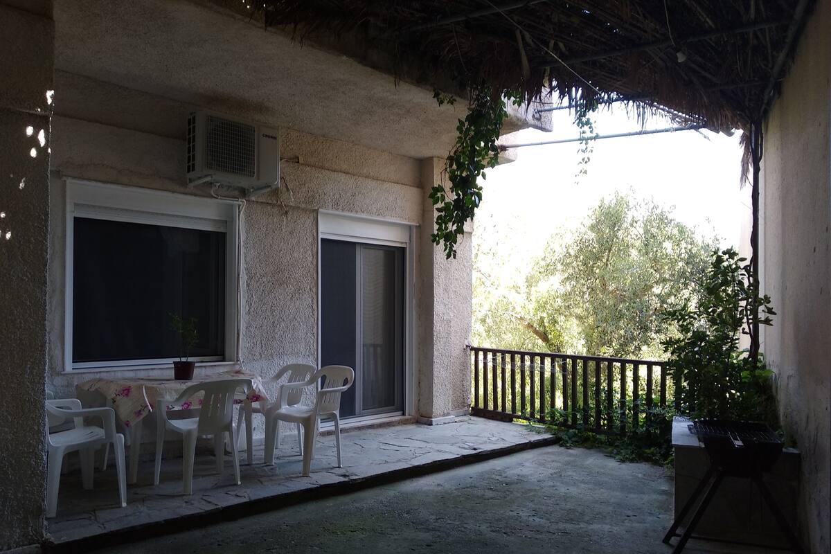 A covered outdoor seating area with a table and chairs, a potted plant, and a view of greenery.