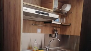 Cocina compacta con horno integrado, pileta de acero inoxidable y muebles de madera.