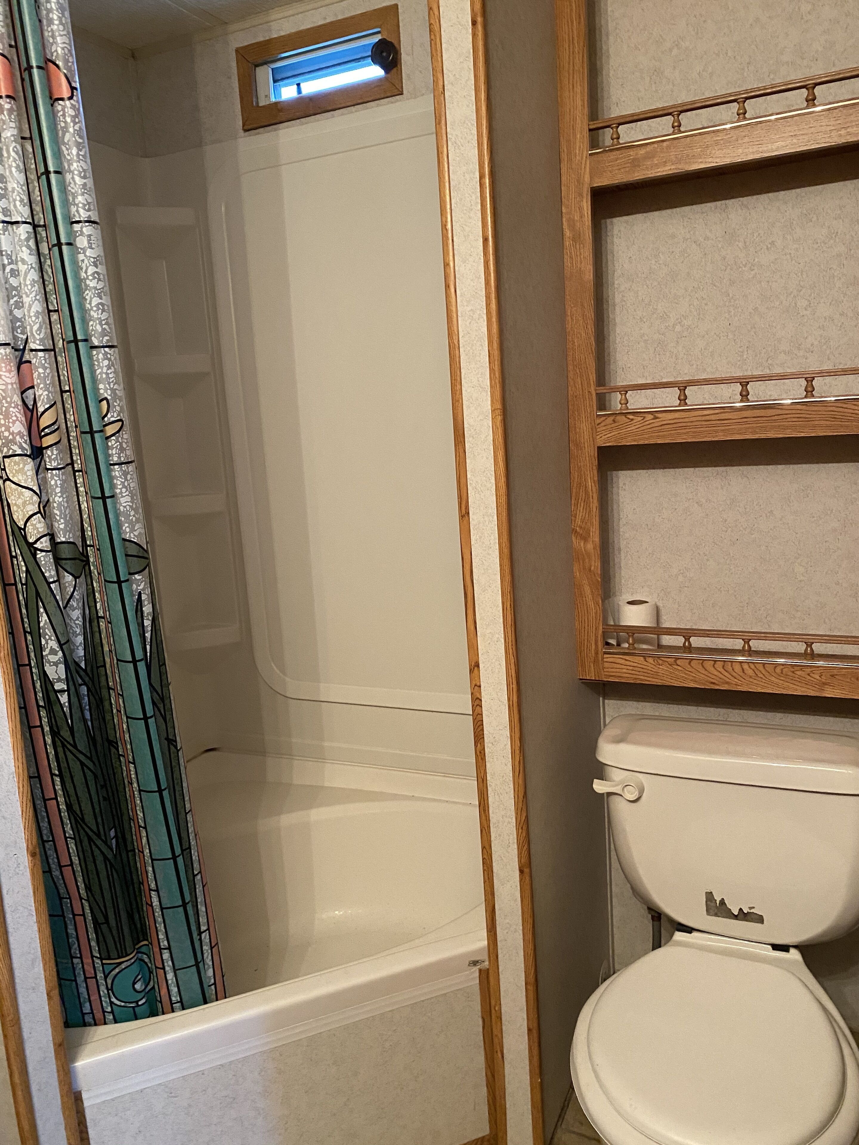 Een badkamer met toilet, douche en raam met een lamp.