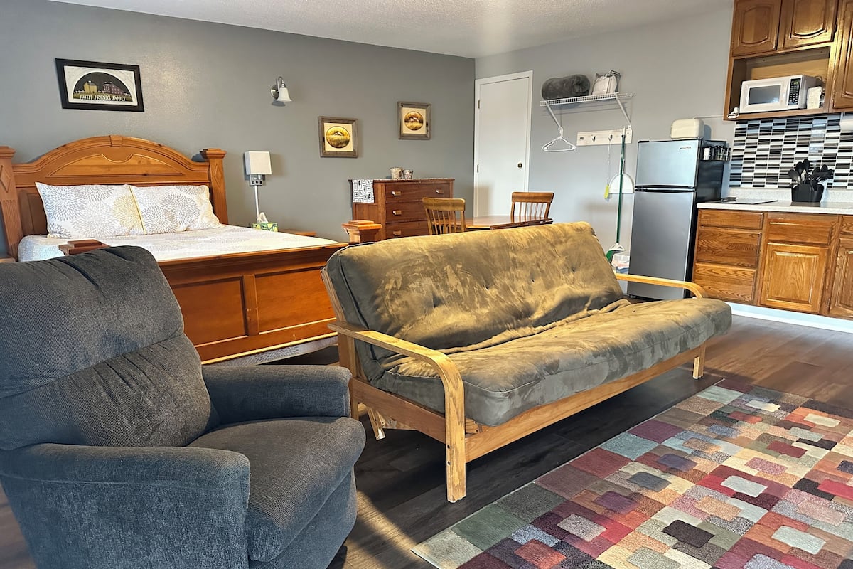 A cozy living room with a bed, a sofa, a chair, a kitchen area, and a patterned rug.