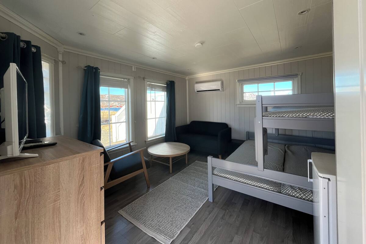 A compact room with a bunk bed, a small sofa, a desk with a chair, and a window with curtains.