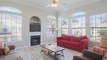 Condo, Multiple Beds, Private Pool | Living room | 42-inch TV with cable channels, fireplace