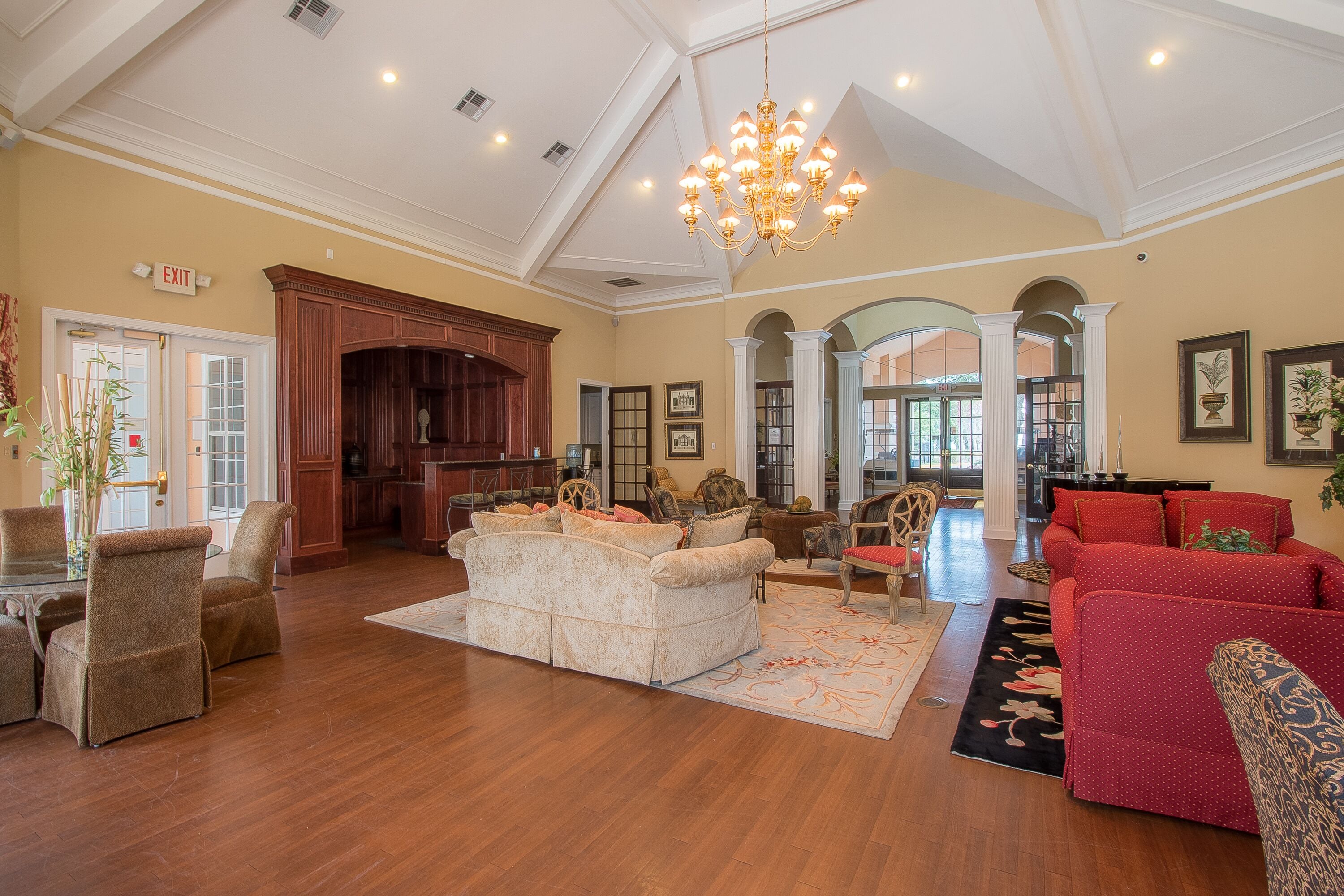 42-inch TV with cable channels, fireplace