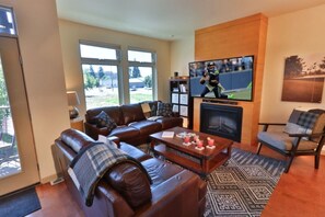 TV, fireplace, books, stereo