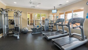A gym with treadmills, weight machines, and a rowing machine.