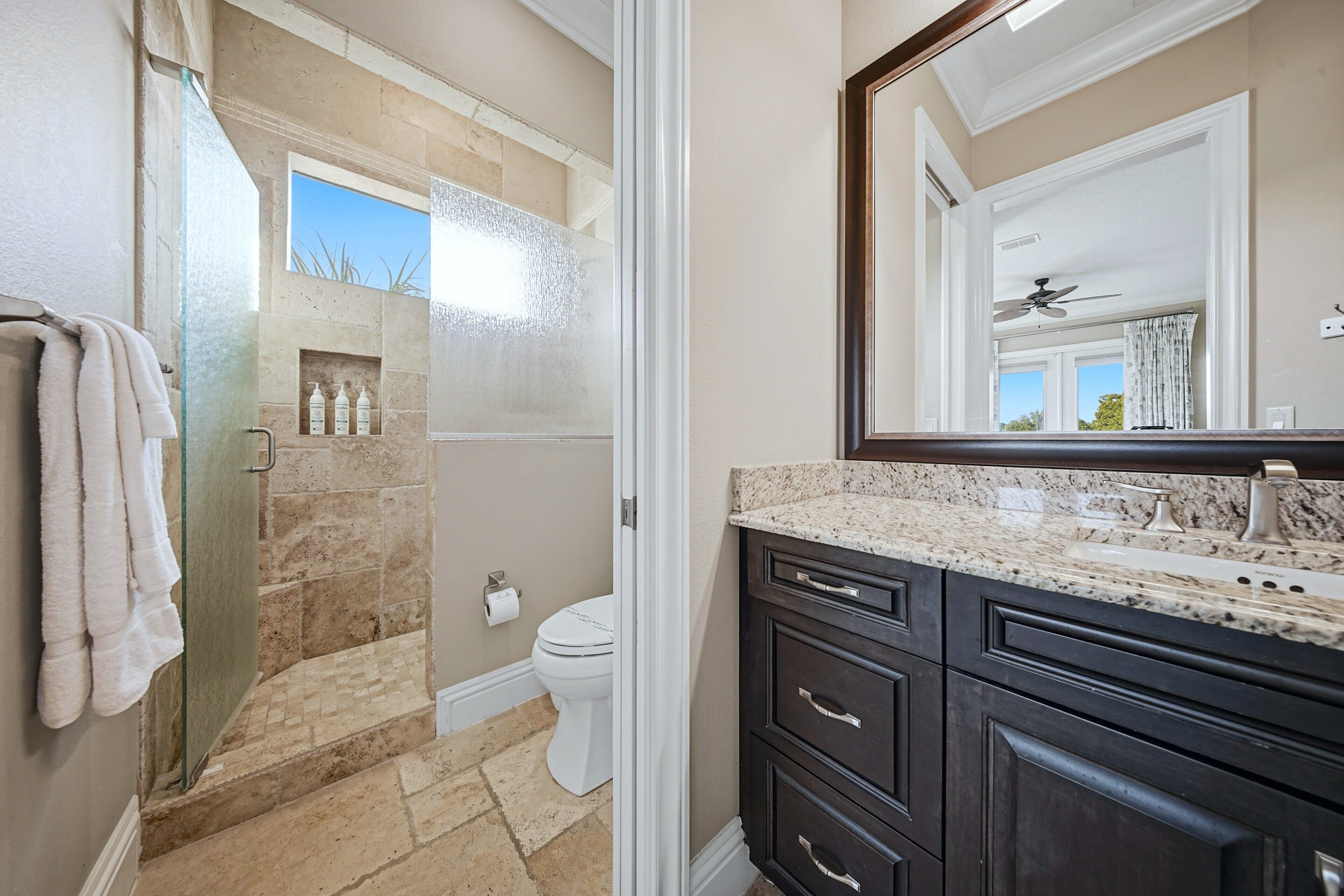 A bathroom with a shower, toilet, and vanity with a mirror.