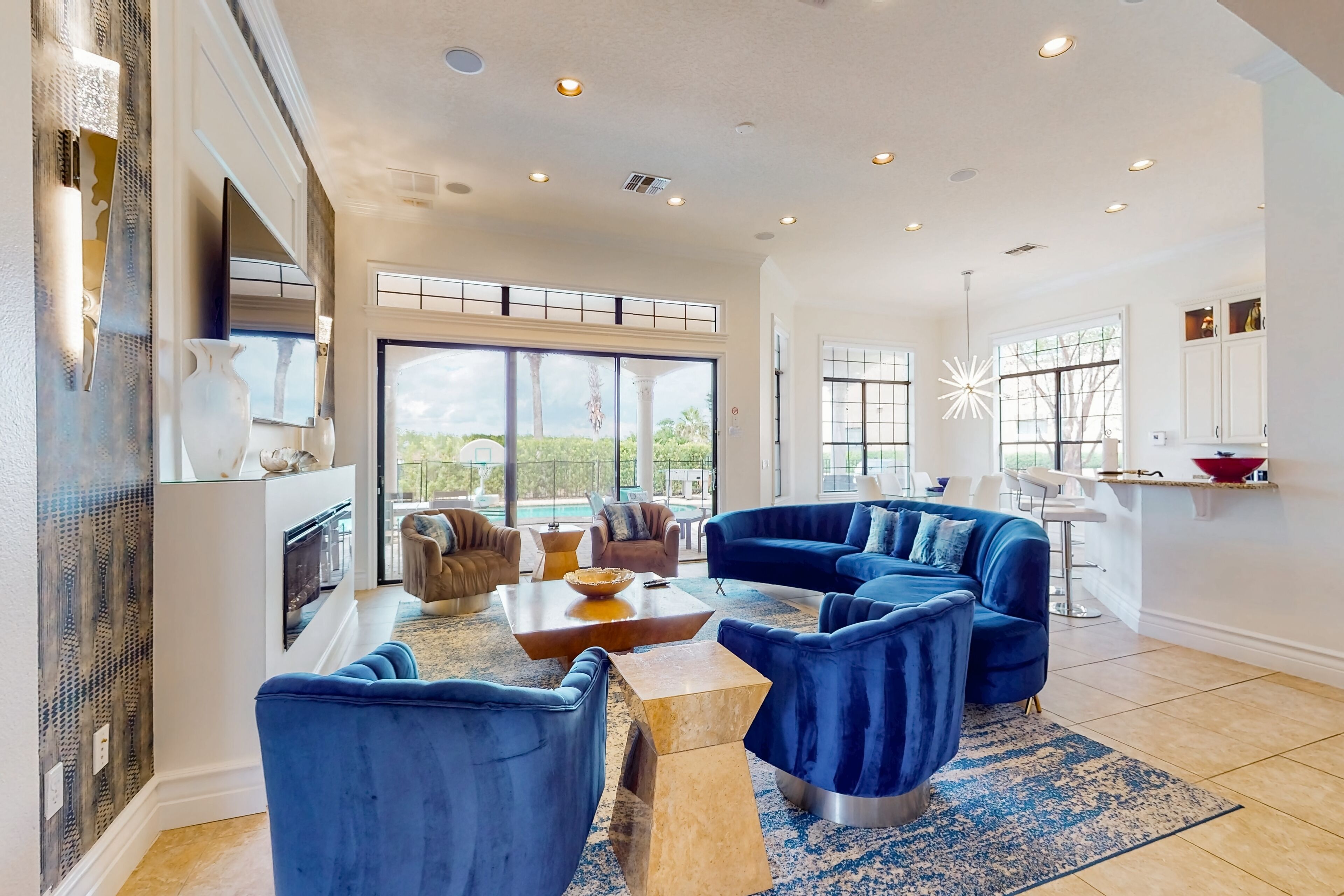 TV, fireplace, video game console, table football
