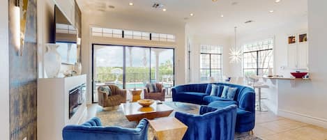TV, fireplace, video-game console, foosball