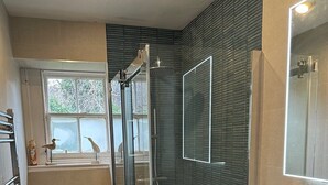 Uma casa de banho moderna com cabine de duche em vidro, sanita e lavatório com espelho.