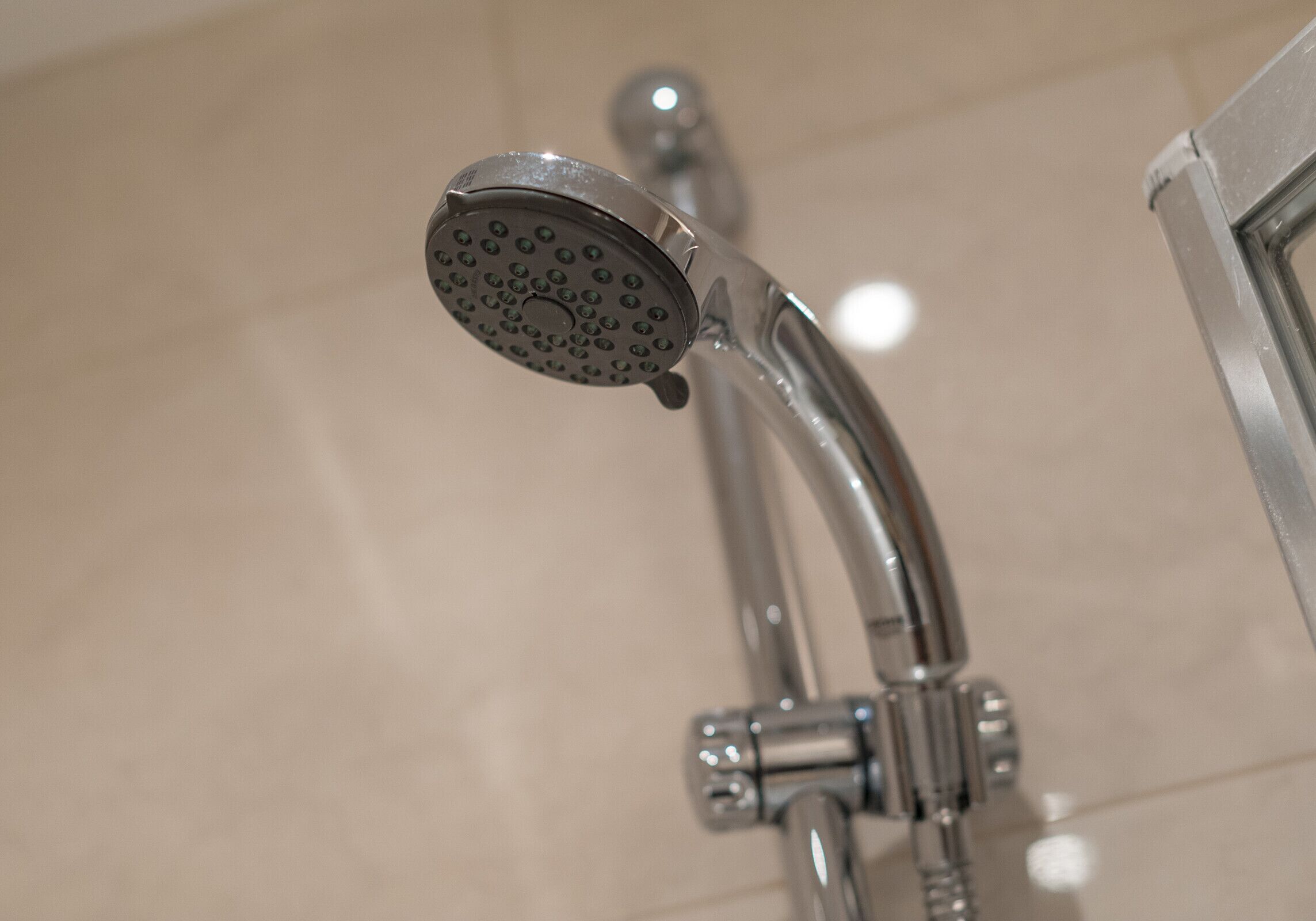 A showerhead with a circular design and multiple nozzles.
