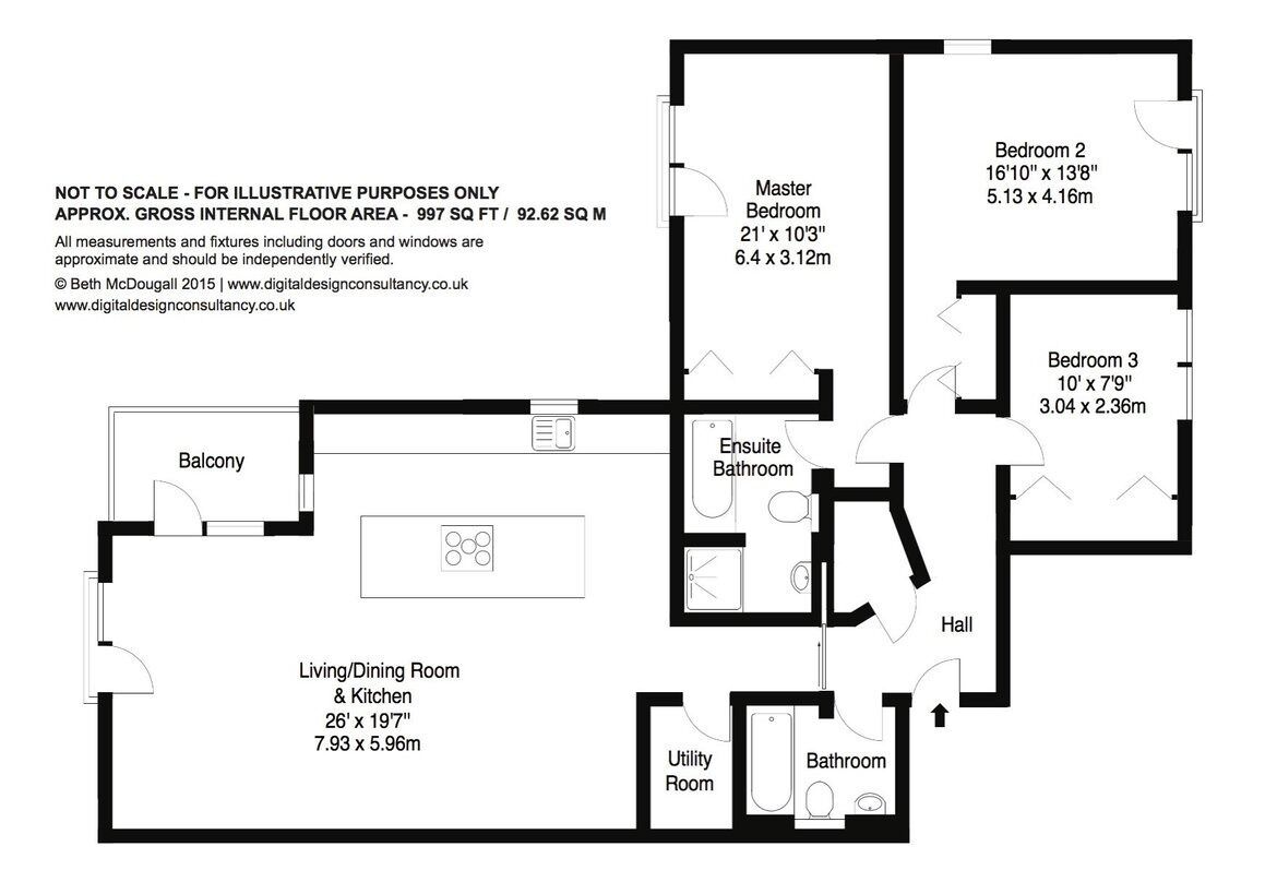 A floor plan of a house with a master bedroom, two other bedrooms, a living/dining room, a balcony, an ensuite bathroom, a utility room, and a hall.