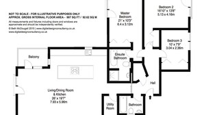 A floor plan of a house with a master bedroom, two other bedrooms, a living/dining room, a balcony, an ensuite bathroom, a utility room, and a hall. - Contemporary three-bedroom apartment with free parking space. Sleeps 5. (Edinburgh)