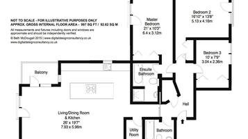 A floor plan of a house with a master bedroom, two other bedrooms, a living/dining room, a balcony, an ensuite bathroom, a utility room, and a hall.