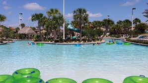 A large outdoor swimming pool with multiple lanes, surrounded by palm trees and lounge chairs.