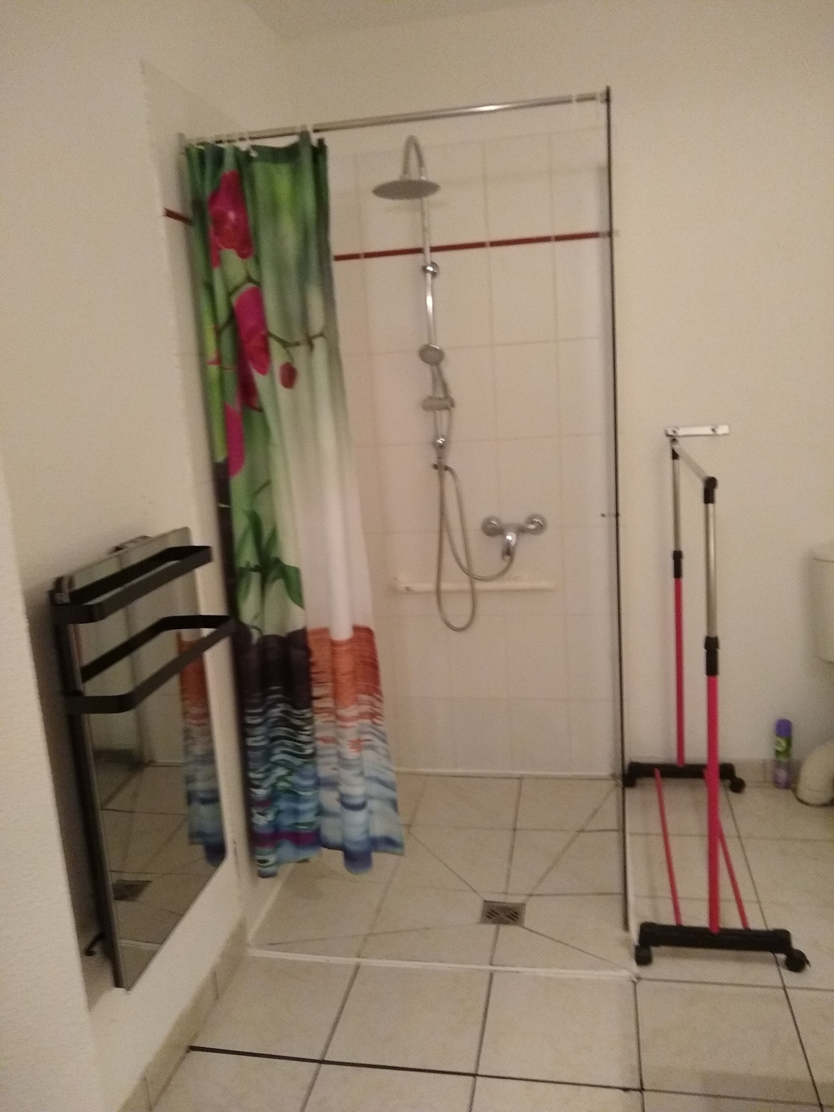 Area doccia con soffione a pioggia, doccetta manuale e aspirapolvere portatile.