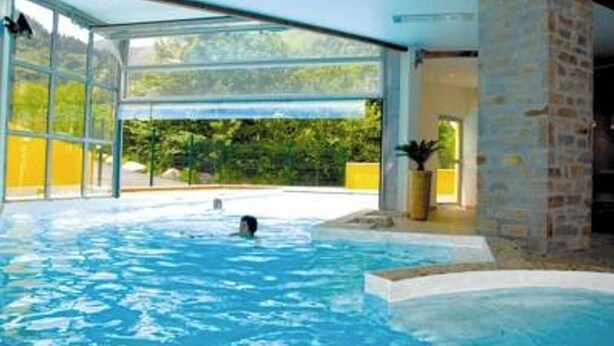 Une piscine intérieure avec des parois en verre transparent, un mur en briques et une vue sur la verdure environnante.