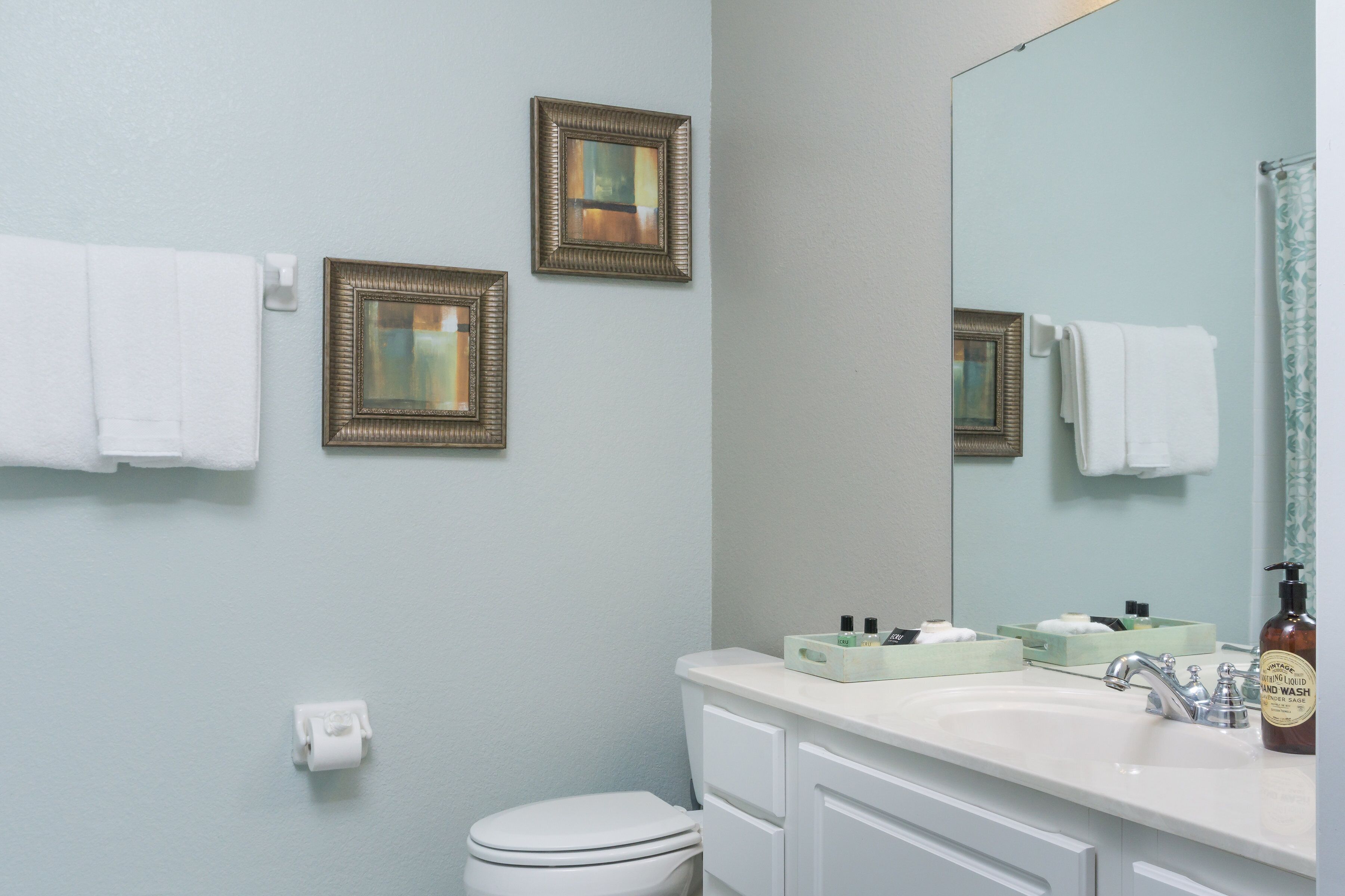 A bathroom with a white toilet, a sink with toiletries, and two framed pictures on the wall.