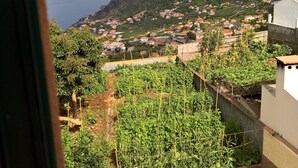 Un balcon offrant une vue sur une ville côtière, des jardins en terrasses et un ciel dégagé.