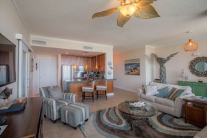 Condo, 1 King Bed with Sofa bed, Private Pool, Beach View | Living room | 42-inch TV with cable channels, DVD player - Ocean Club 403 (Biloxi)