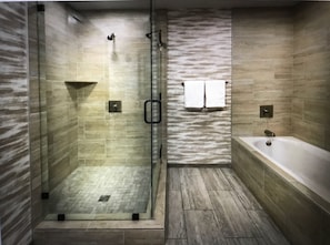 Combined shower/tub, hair dryer, towels, soap