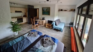 Ein modernes, kompaktes Wohnzimmer mit Küchenzeile, Essbereich, Sofa und Bett.