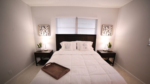 A neatly made bed with a white comforter and two pillows, flanked by two bedside tables with lamps and small potted plants.