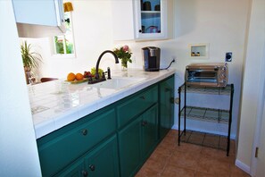 Compact kitchen with a sink, toaster oven, and potted plant.