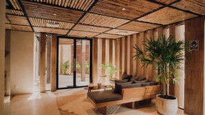 Ein modernes Interieur mit Holzboden, einer Couch, einem Couchtisch und einer großen Pflanze in einem Topf.
