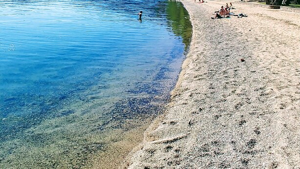 Una playa con agua cristalina, una orilla arenosa y árboles a lo largo de la costa.