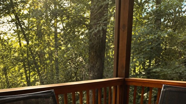 A wooden deck with a table, two chairs, a potted plant, and a candle. - Welcome to Bearadise! Charming cabin 10 minutes to downtown Blue Ridge! (Cherry Log)
