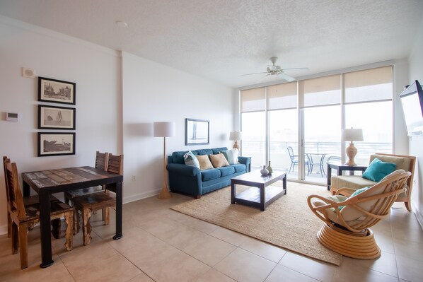 Condo, Multiple Beds, Private Pool, Beach View | Living room | 42-inch TV with cable channels