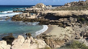 Una costa rocosa con olas rompiendo sobre la orilla, cielos despejados y vegetación escasa.