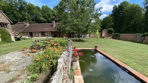Un jardin avec un petit étang, entouré d’un mur de briques et agrémenté de différentes plantes.