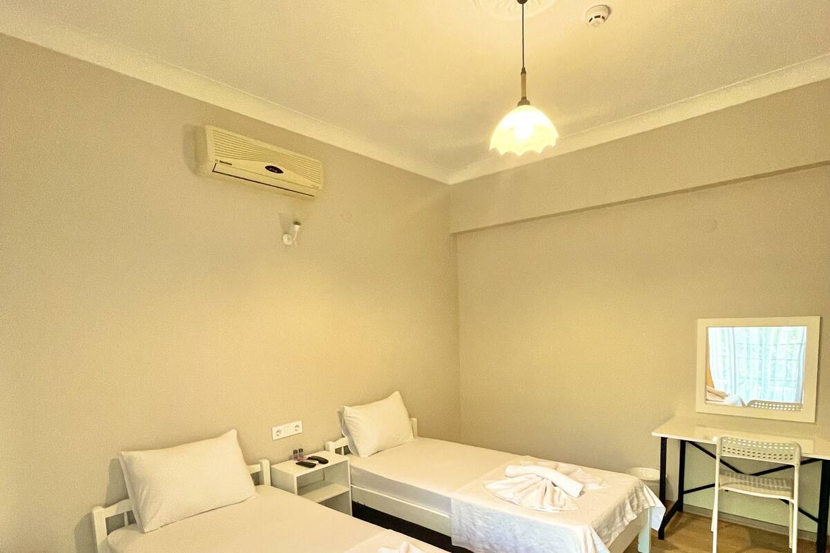 A hotel room with two single beds, a desk, a chair, and a television.