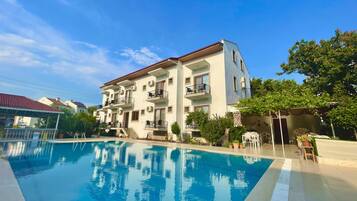 Seasonal outdoor pool, pool umbrellas, pool loungers
