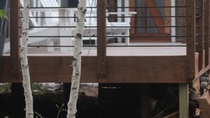 A wooden deck with a metal railing, surrounded by birch trees. - River Run: Secluded Riverside A-Frame & Sauna Two Miles West Of Grand Marais (Grand Marais)