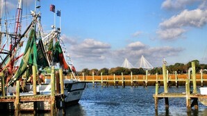 Eine Anlegestelle mit einem Boot namens "CAROLINA" und einer hölzernen Pier, die sich ins Wasser erstreckt.
