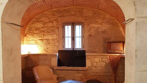 A cozy living room with a stone archway, a television, a sofa, a chair, and a patterned rug. - Gîtes Chez Antonin (Tour-de-Faure)