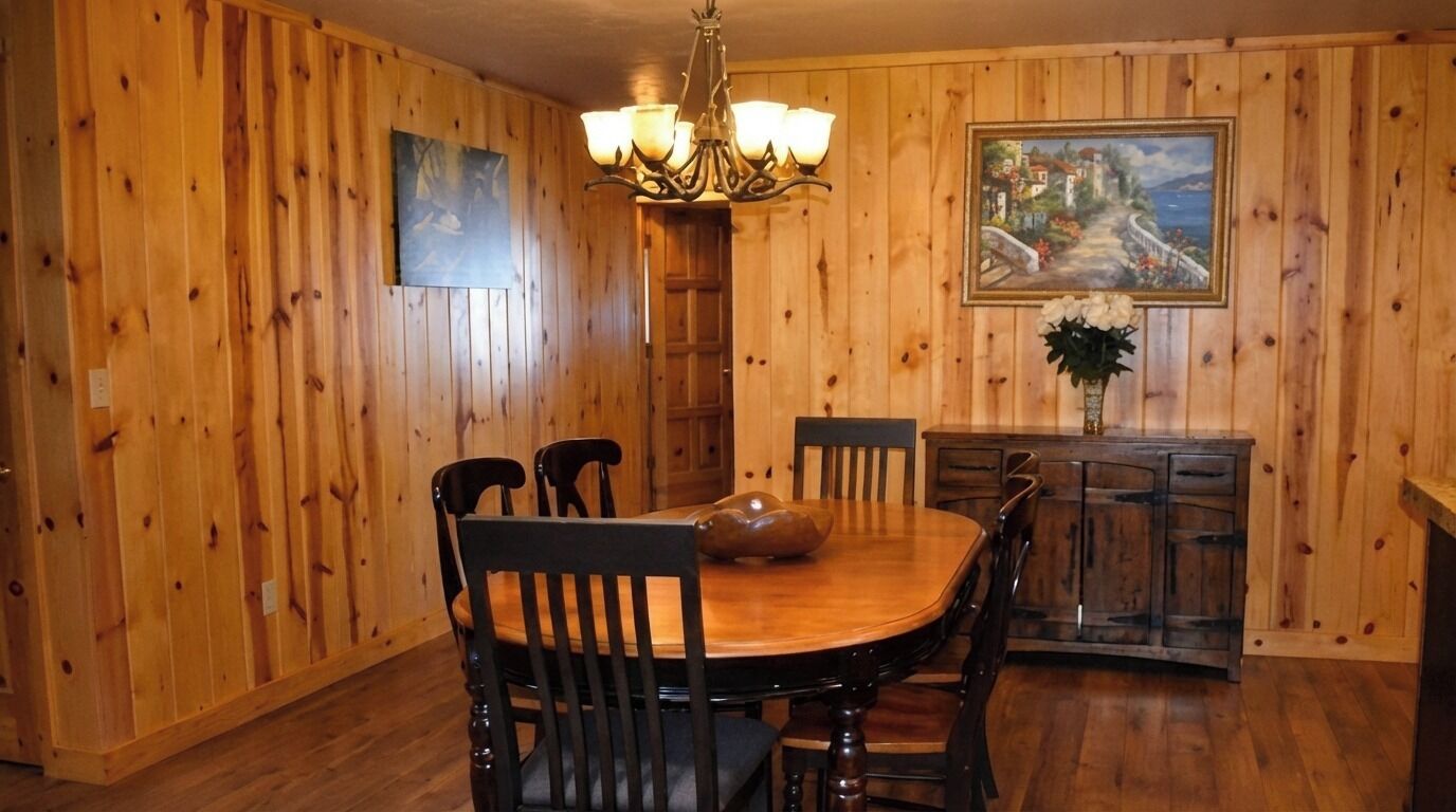 A wooden-paneled dining room with a round table, chairs, a chandelier, a painting, and a vase with flowers.