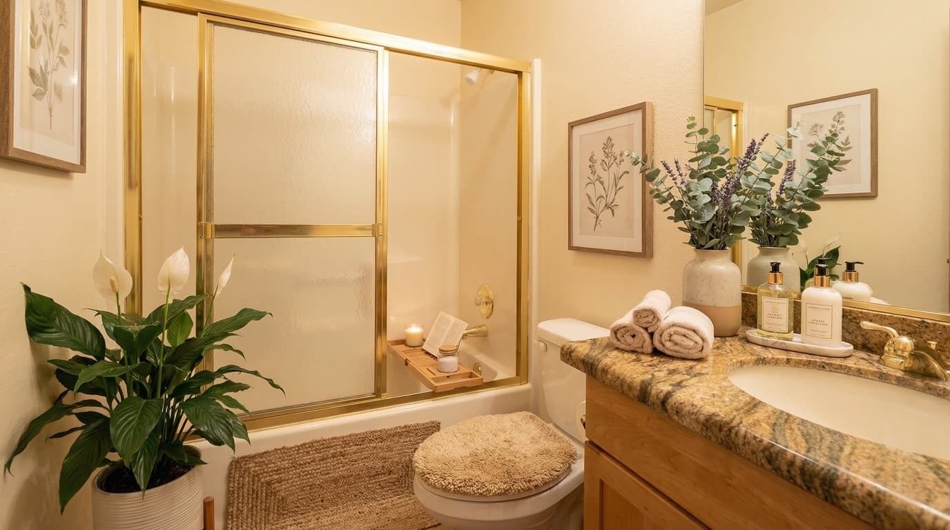 Une salle de bain équipée d’une douche, de toilettes, d’un lavabo et d’un porte-serviettes.