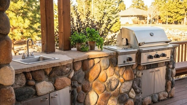 A stone-built outdoor kitchen with a sink, a grill, and potted plants. - Cozy and lakefront cabin on Rainbow lake, large fenced deck and 2 grills!!! (Pinetop-Lakeside)