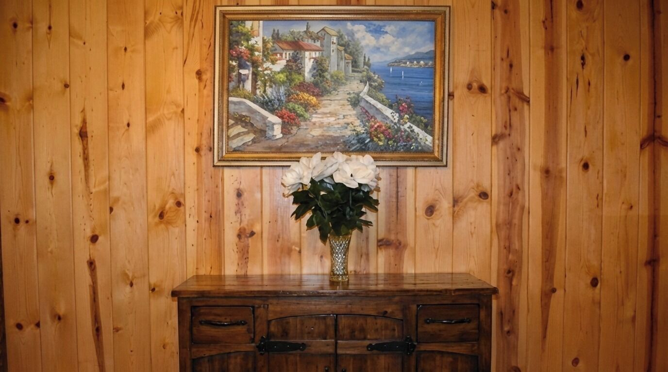 Een houten wand met een lijstwerk schilderij van een kustlandschap en een bloevas op een houten kast.